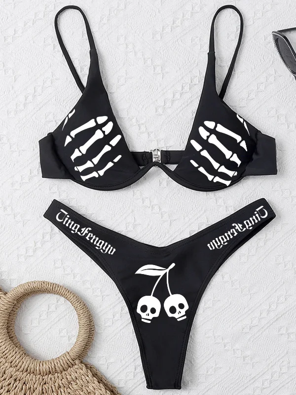 Skull Printed Push Up String Spaghetti Strap High Cut Triangle Bottom Two-piece Bikini Sets Swimwear