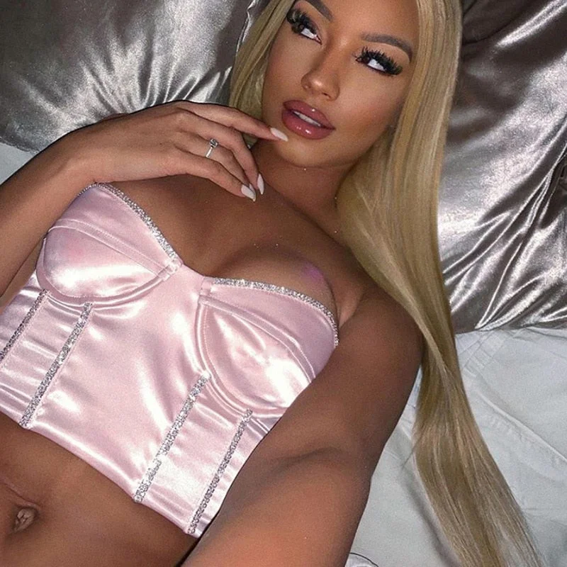 Sexy Women's Diamonds Tube Tops Fashion Strapless Wrapped Chest Club Tops Ladies Bow V-Collar Slim Bright Crystal Sequin Tanks