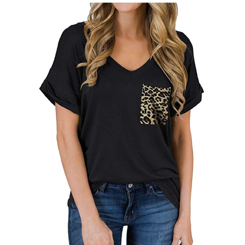 Leopard Pocket V-neck T-shirt Women Short Sleeve Tops Tee