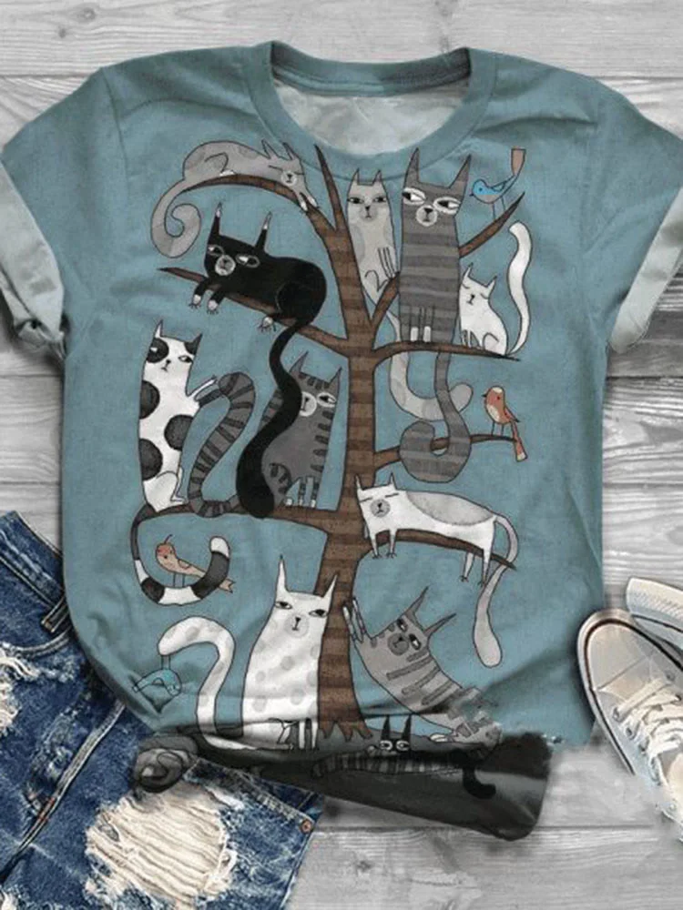 Cute Kitten Tree Print Casual O-neck T-shirt