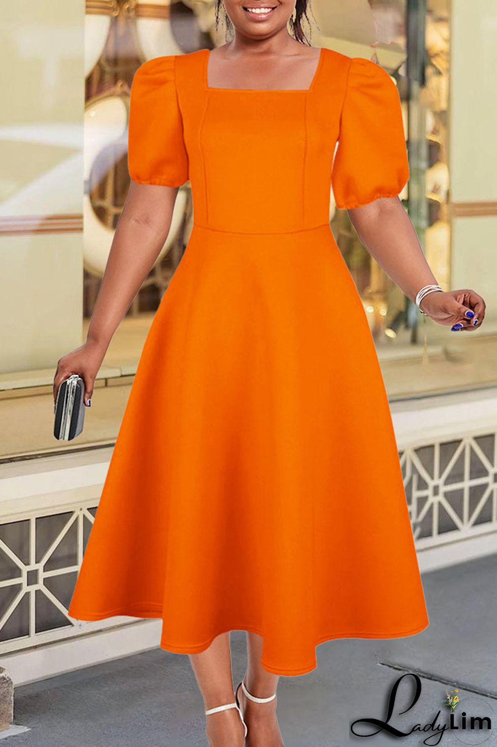 Yellow Elegant Solid Patchwork Square Collar Evening Dress Dresses