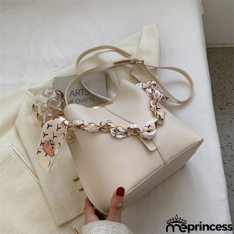 Women Fashionable Solid Color Large Capacity Silk Scarf Bucket Crossbody Bag