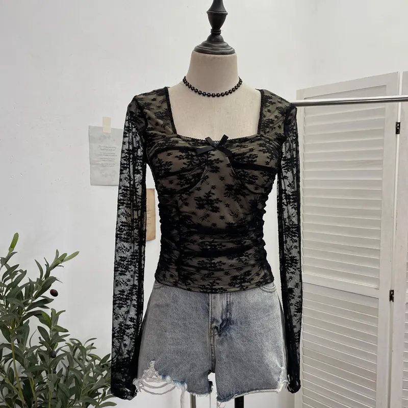 Nigikala Nigikala Pat With Chest Cushion Square Collar Bow Lace Long Sleeve Bottom Top Dress Slim Slim Short Shirt 9520