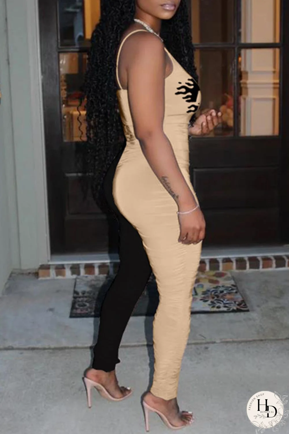 Yellow Purple Fashion Sexy Letter Print Split Joint Backless Fold O Neck Skinny Jumpsuits