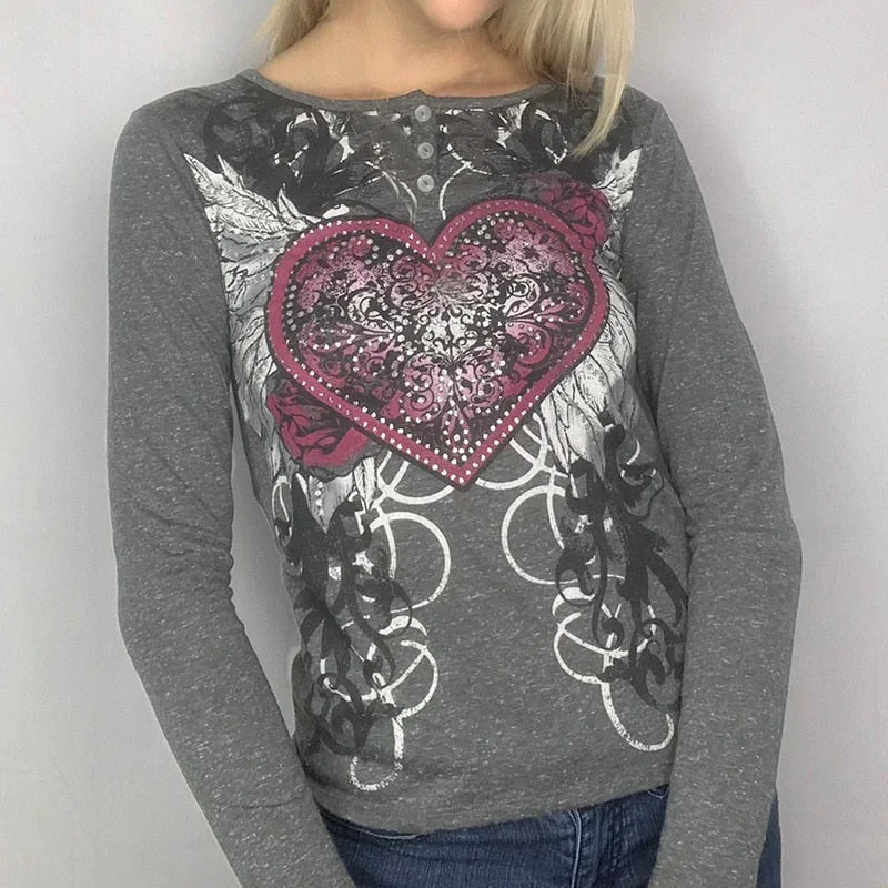 Y2K Indie Fairy Grunge Crop Top 90s Vintage Graphic Print Long Sleeve Women Crop Top Harajuku Autumn Spring Female Tees Shirt