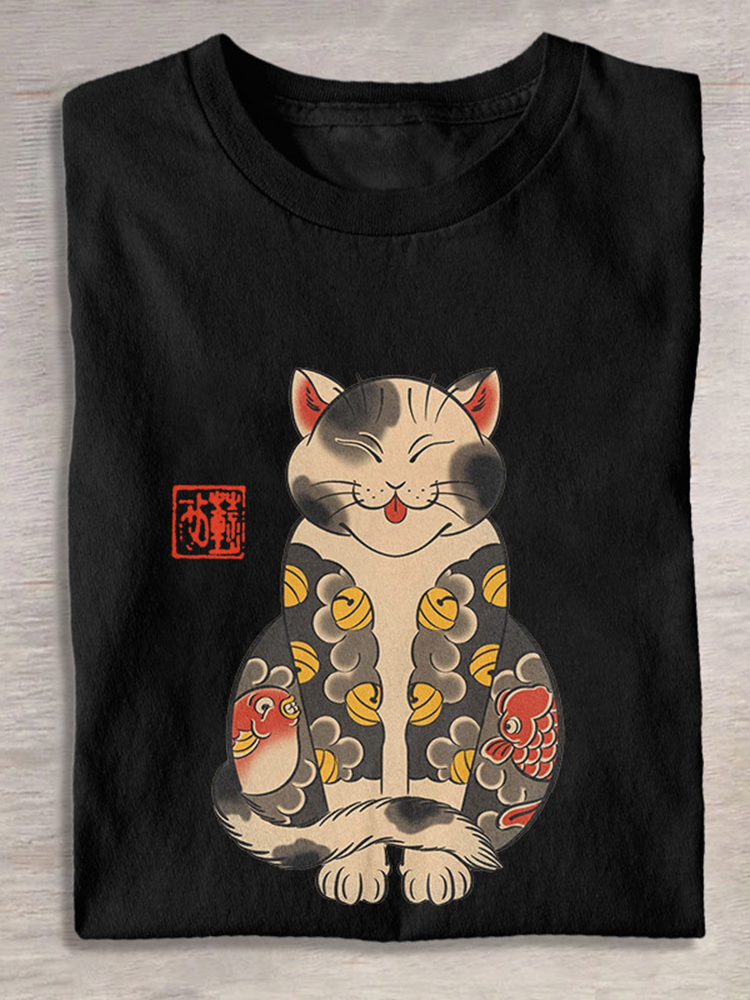 Comstylish Cute Japanese Ukiyoe Tattoo Cat Print T-Shirt