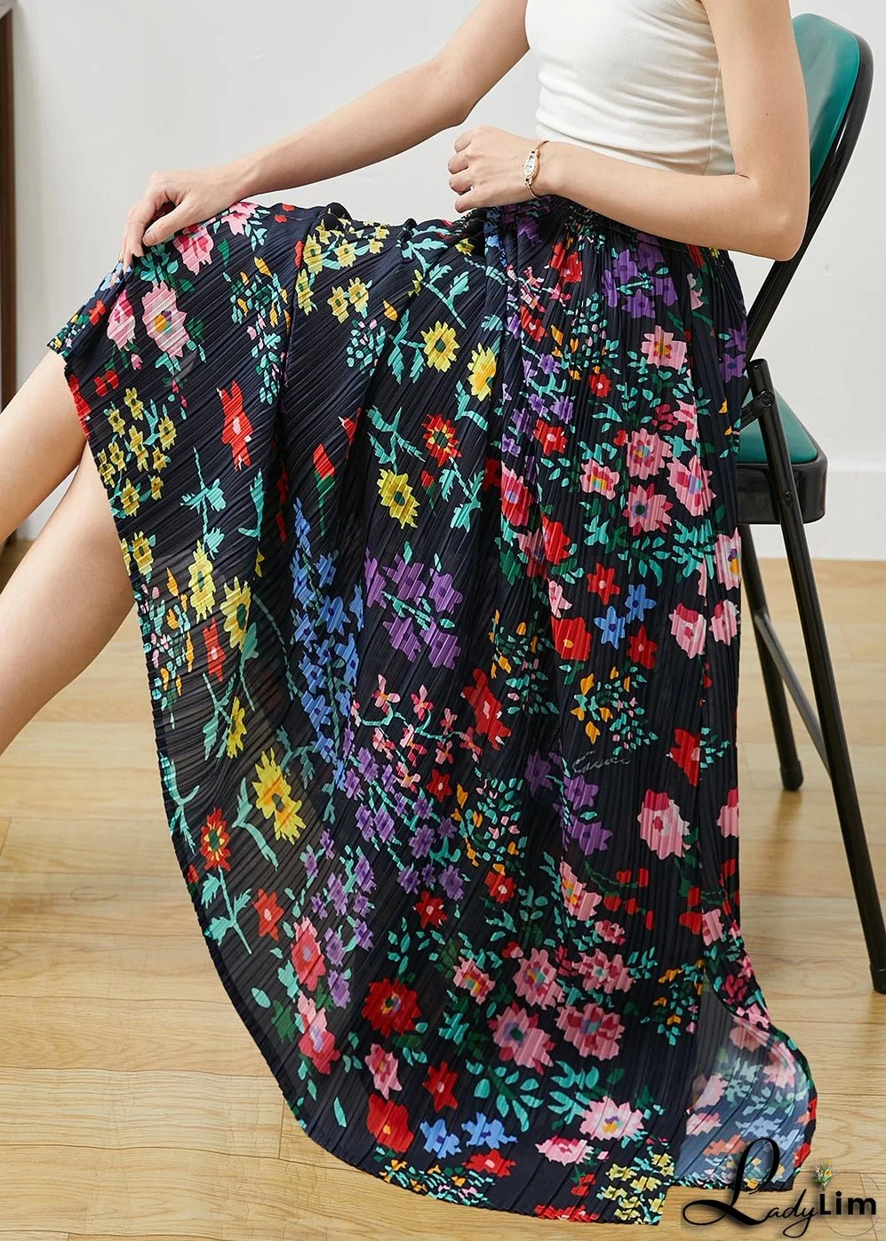 French Black Print Side Open Cotton Vacation Skirts Summer