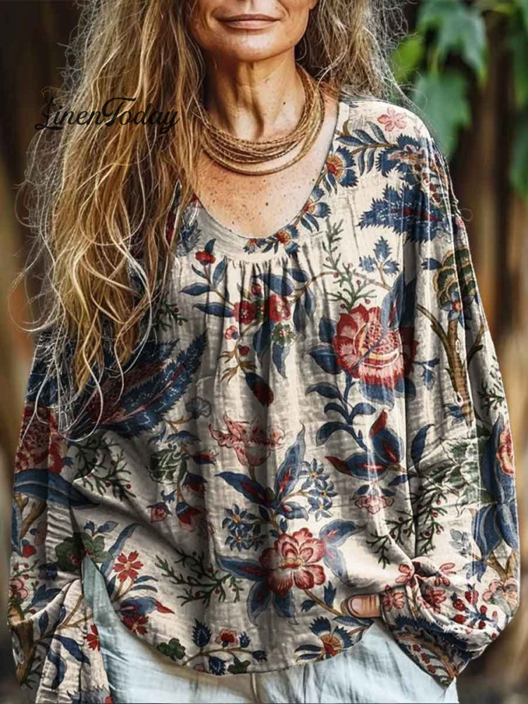 Ladies Round Neck Positioning Print Casual Long Sleeve Comfortable Cotton Shirt Multicolor / S