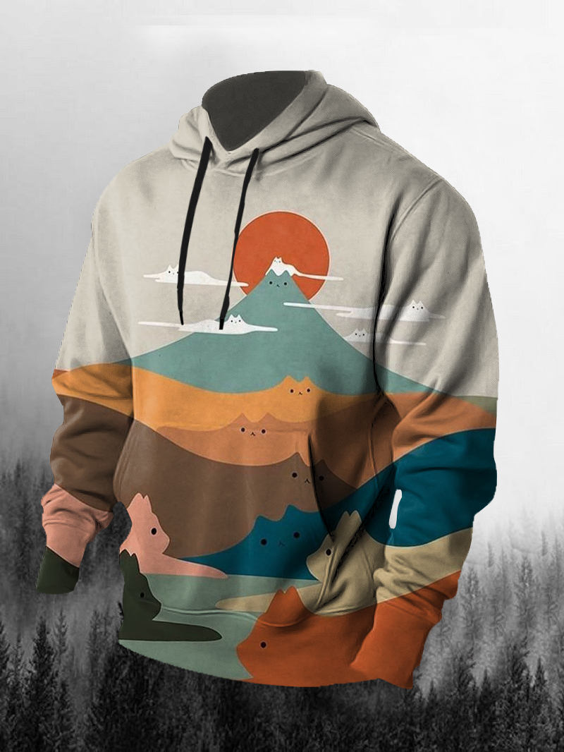Men's Cute Kitten Mountain Landscape Print Hoodie
