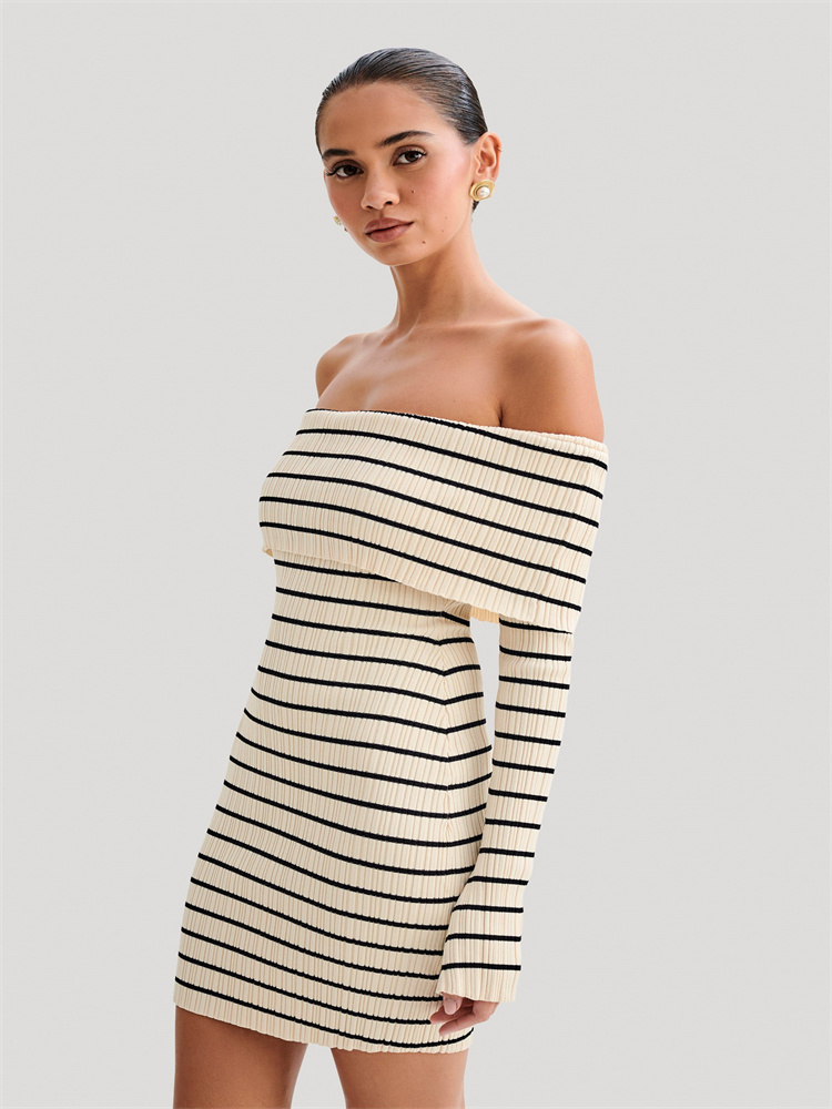 Ootddress Striped Knit Sweater Mini Dress For Women Bandeau Backless Elegant Fashion Summer Contrast Party Dress Knitwear Mini Dress