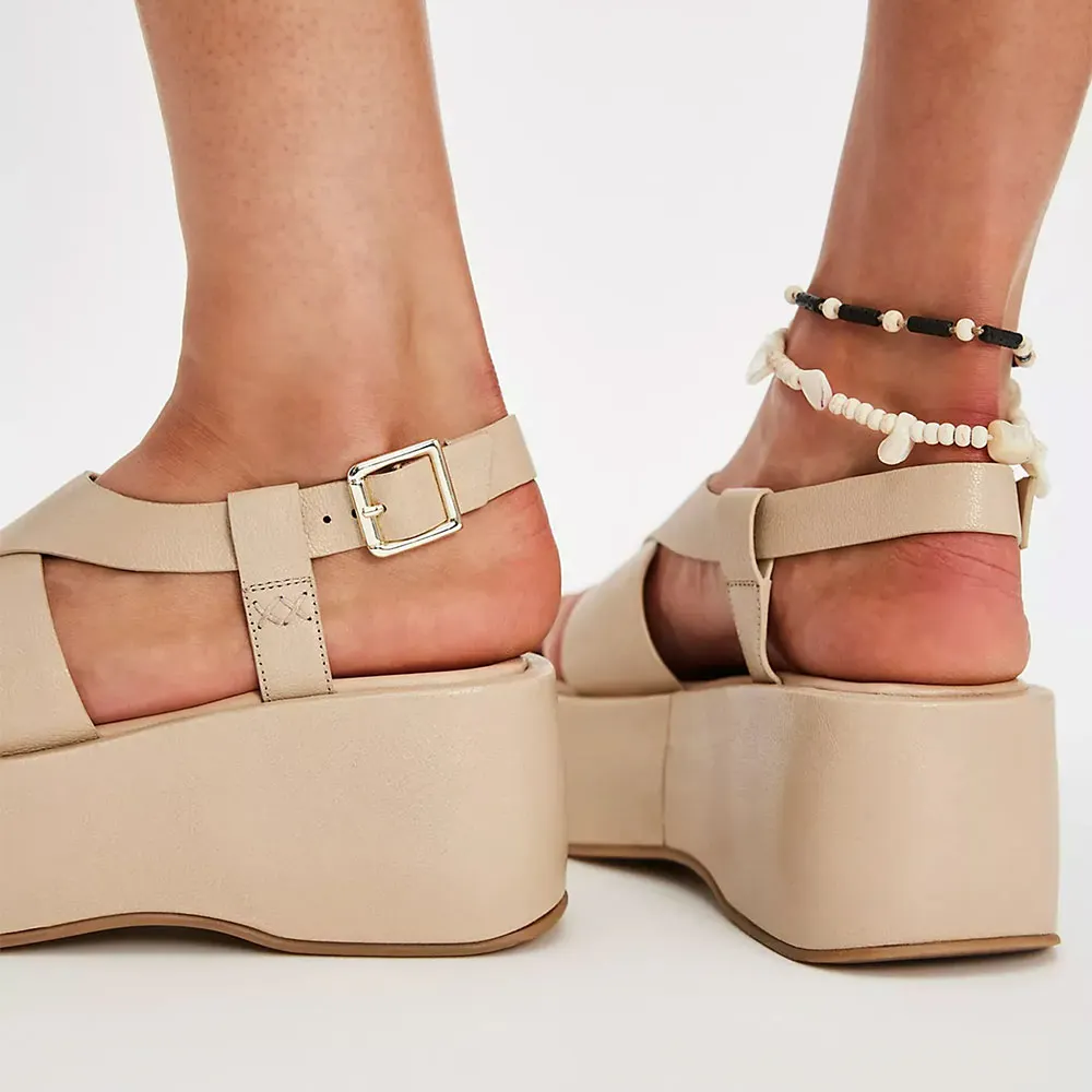 Beige Ankle Strap Flip Flop Plaform Wedge High Heel Women Sandals
