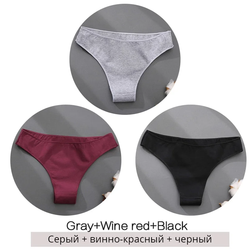 FINETOO 3Pcs/set Cotton Brazilian Panties M-2XL Women Underwear Ladies Soild Color T-back Underpants Sexy Low-rise Panty 2021