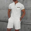 Men's Casual Waffle-Knit Two-Piece Set: Color-Block Stand Collar Short-Sleeve Top & Shorts by Inlyline