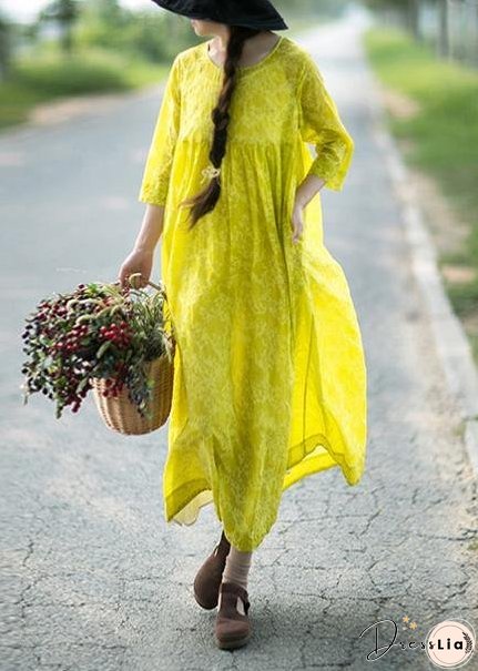 Organic O Neck Cinched Long Shirts Lnspiration Yellow Print Kaftan Dresses