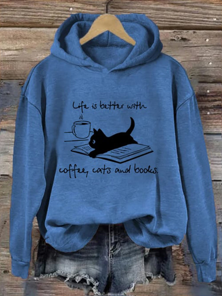 Life Is Better With Coffee Cats And Books Print Casual Hoodie wearshes