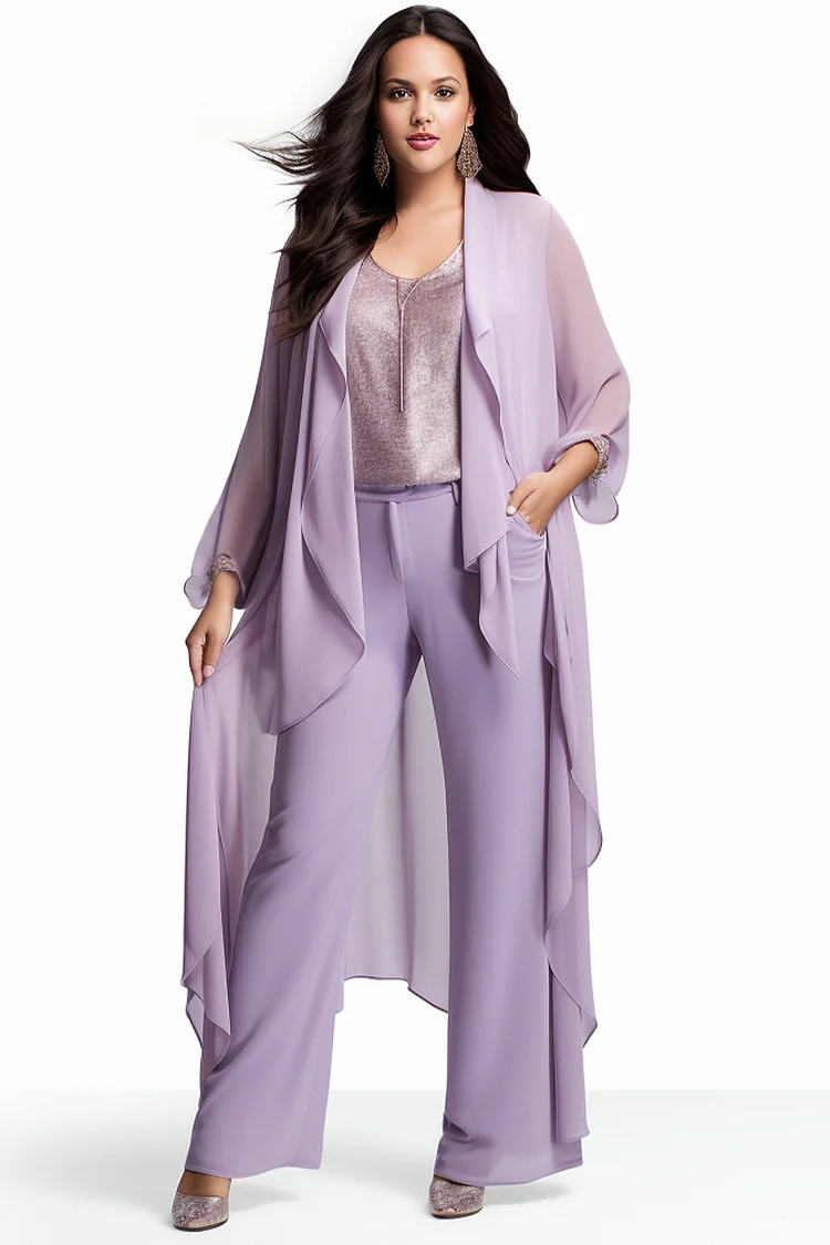 Flycurvy Plus Size Mother Of The Bride Metallic Color Irregular Turndown Collar Chiffon Three Piece Pant Suit With Jacket  Flycurvy [product_label]