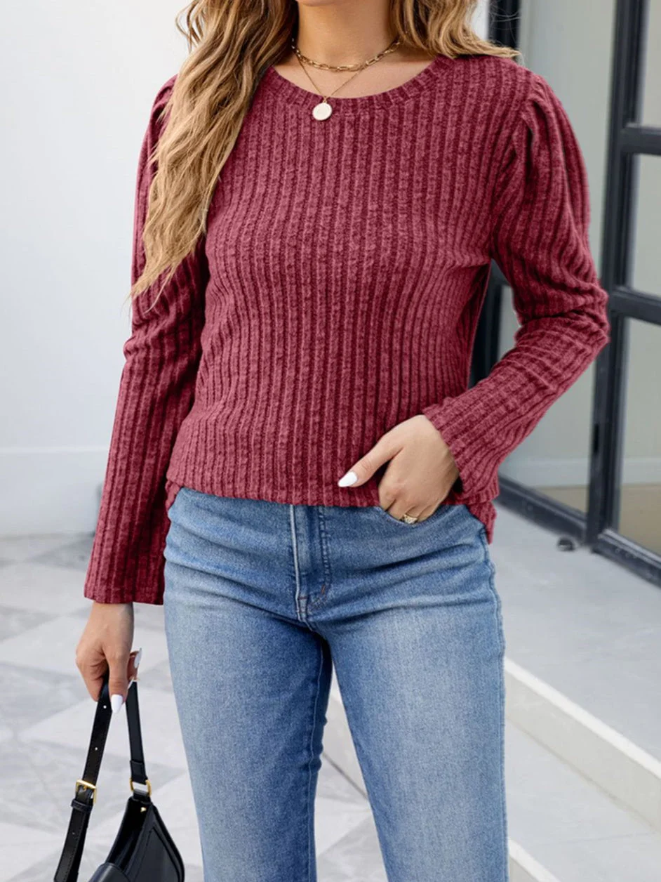 Women's Striped Solid Color Scoop Neck Ruffled Long Sleeve Sweater Top