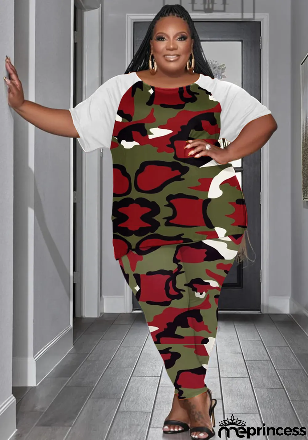 Women's cute Plus Size raglan print two-piece set