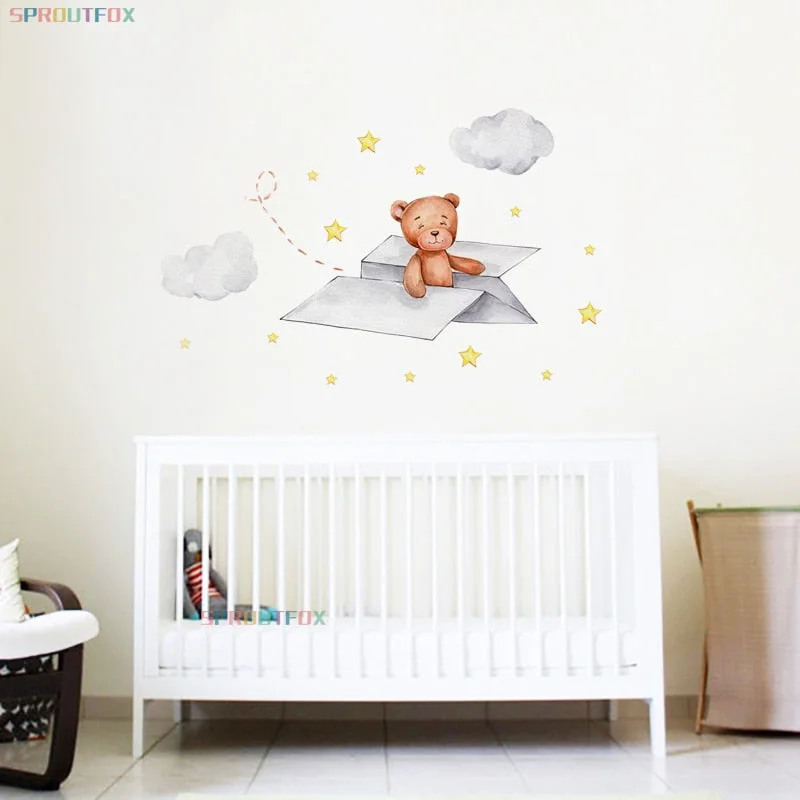 Stars Wall Stickers for Kids Rooms Little Bear on a Paper Airplane for Baby Boys Bedroom Nursery Decals Decorative