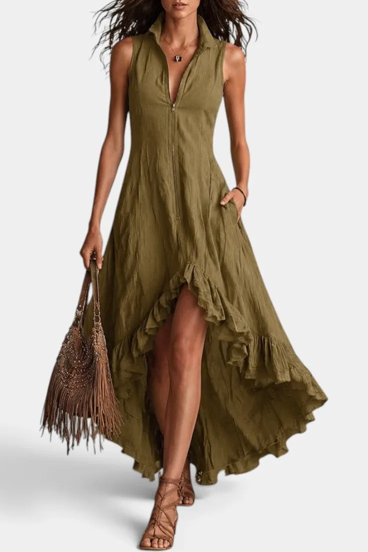 Sleeveless High-Low Ruffle Maxi Dress with Front Zip