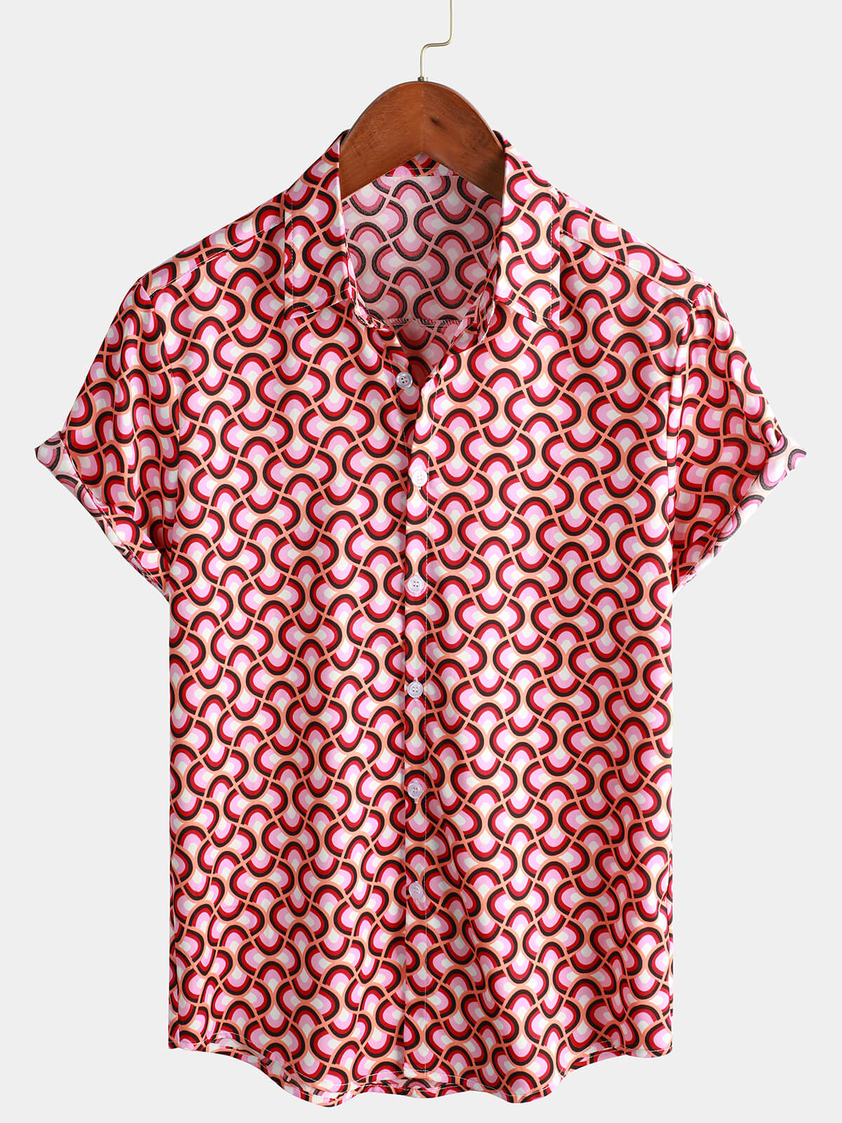 Men's Red Button Up Vintage Geometric Short Sleeve Shirt