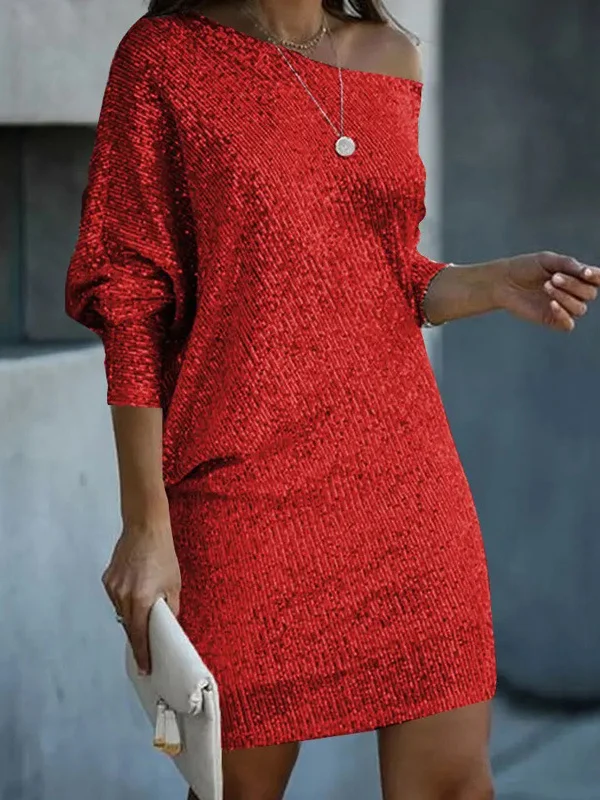 Solid Color Sequined Asymmetric Three-Quarter Sleeves Puff Sleeves One-Shoulder Mini Dresses