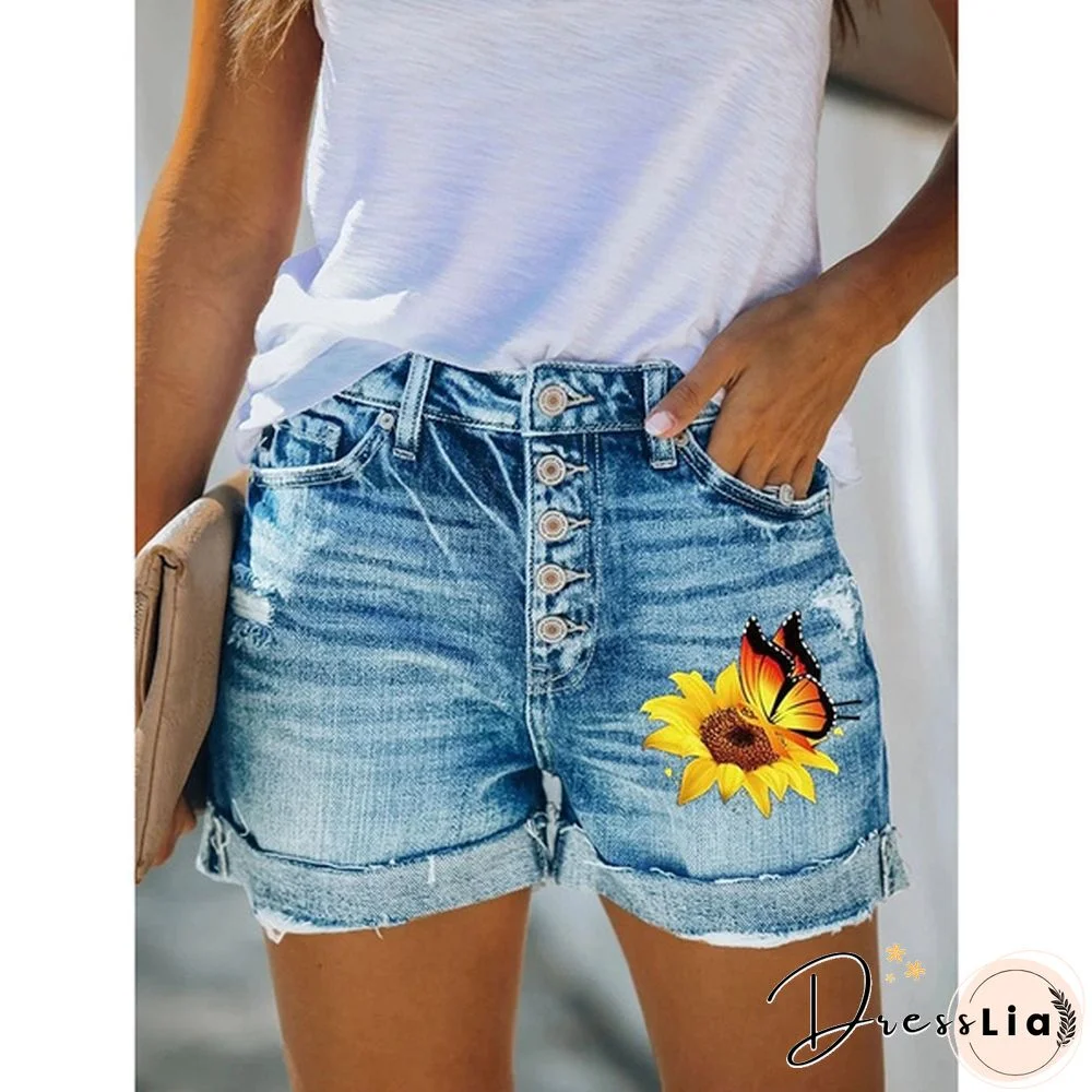 4 Summer Women Hot Shorts Sunflower Butterfly Print Denim Shorts Skinny Jeans Shorts