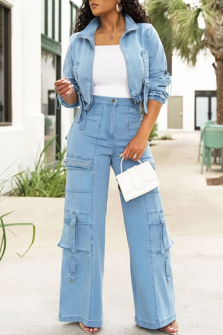 Plus Size Daily Blue Shirt Collar Long Sleeve Pocket Denim Two Piece Pant Sets [Pre-Order]
