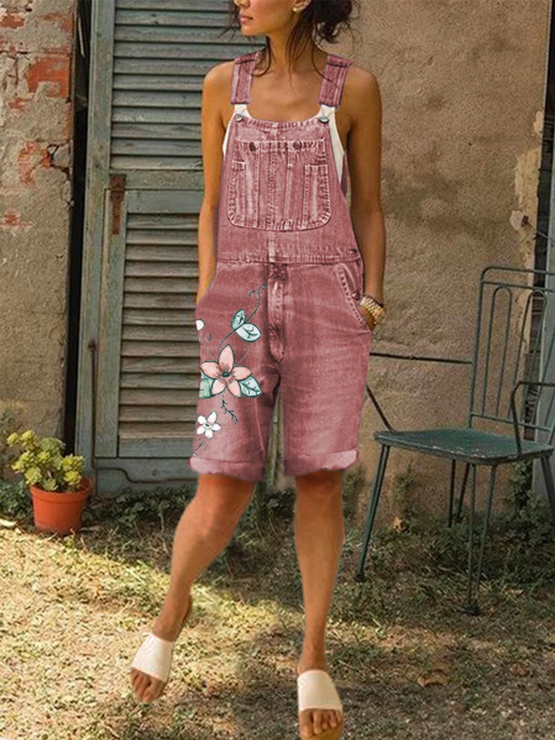 zolucky Women Floral Print Denim Short Jumpsuit Jeans Overalls