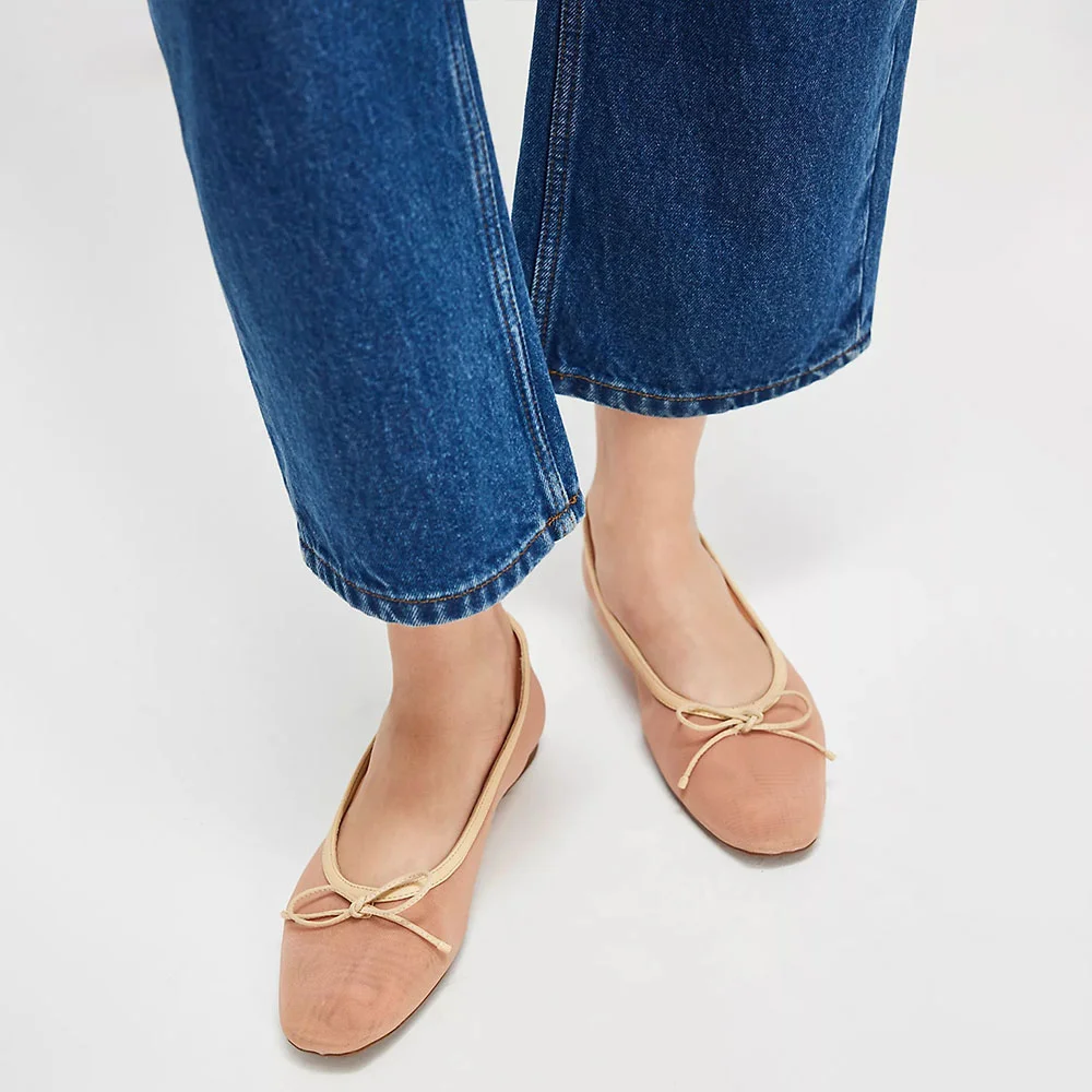 Comfortable Nude Mesh Bow Accent Square Toe Flat Shoes Women