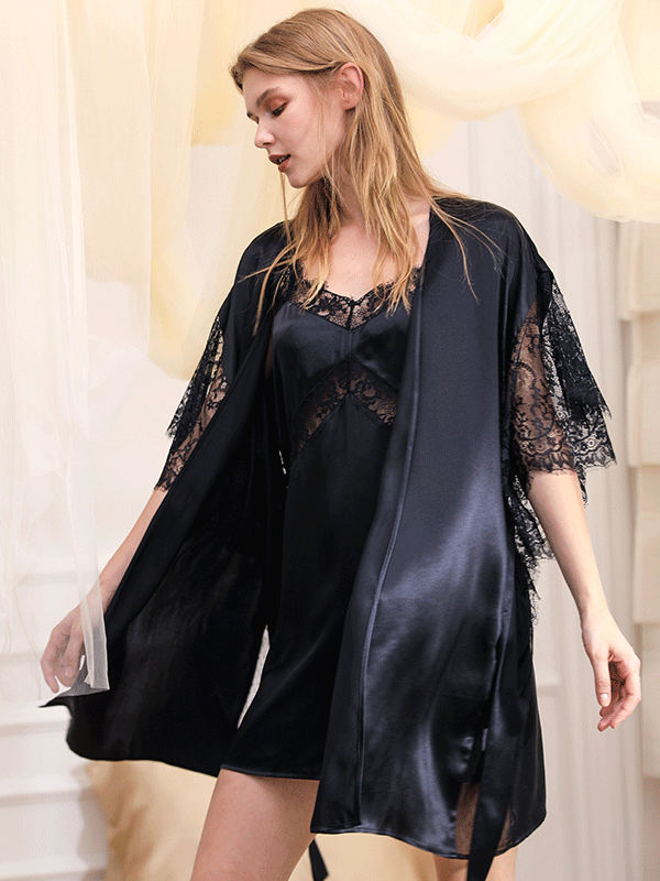 Sexy Lace Plain Color Silk Robe Set