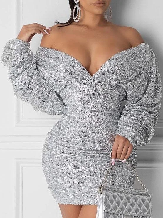 Fashion off-shoulder sequins mini dress