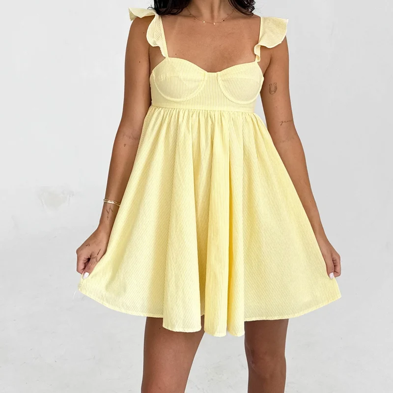 Floral Flowy Dress Fairy Cottage Ruffles Strap A-line Dress Boho Beah Backless Loose Fit Mini Dress