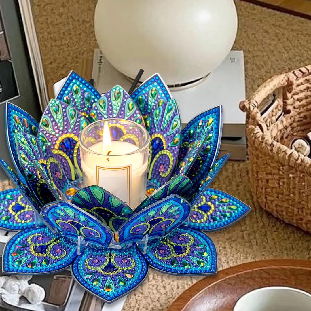 5D DIY Diamond Art Painting DIY Acrylic Desktop Ornament Flower Candle Holders Tealight Handmade Home Office Decor for Adults Beginners (Blue Lotus-A)