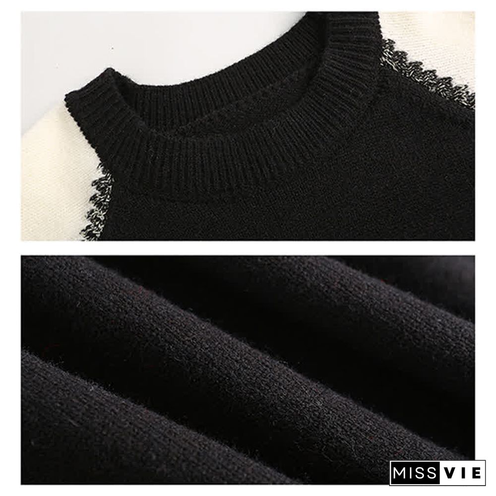 Chic Colorblock Round Collar Knit Loose Sweater