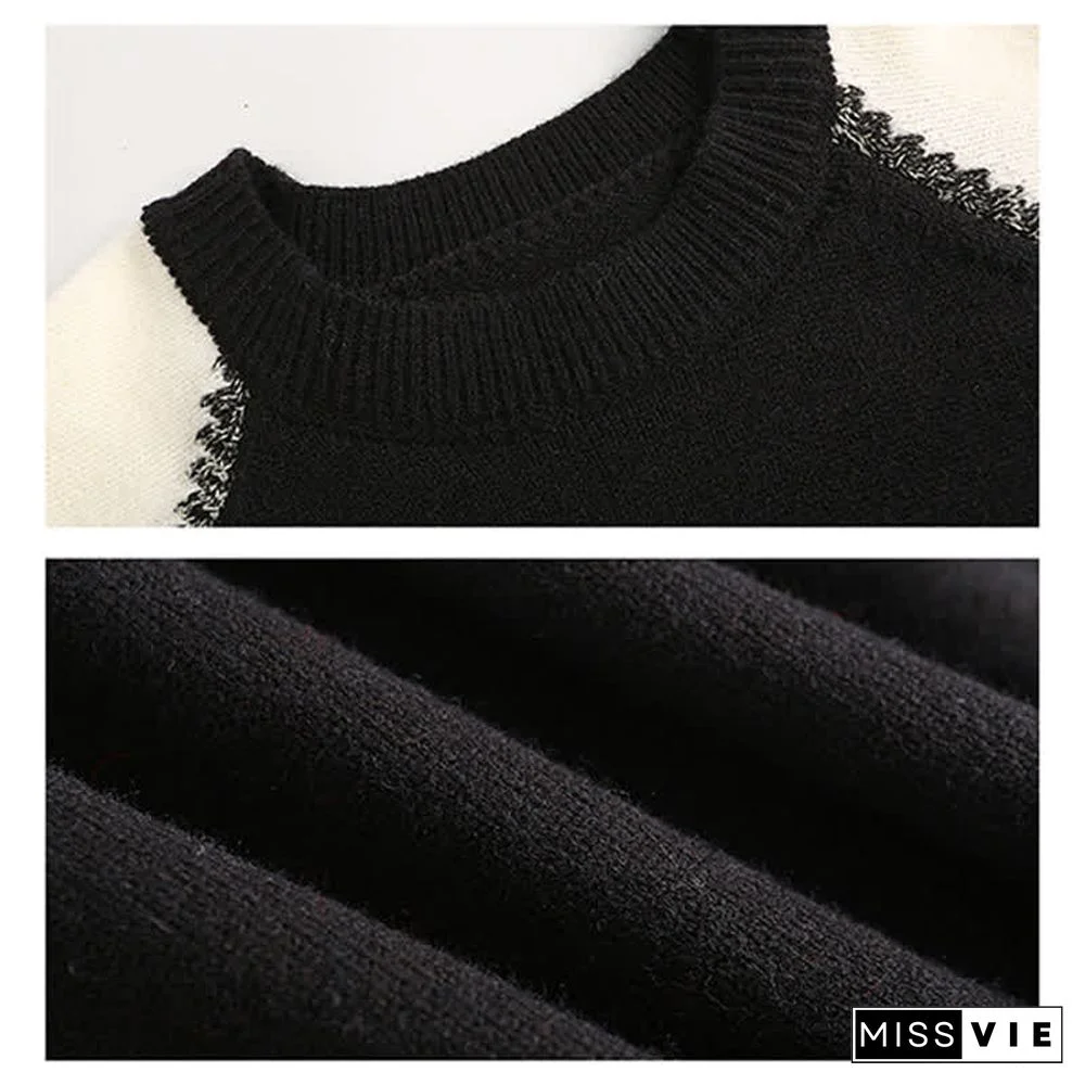 Chic Colorblock Round Collar Knit Loose Sweater