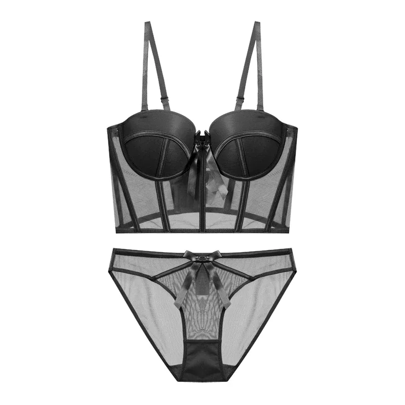 Billionm Romantic Mesh Push Up Bra Set Sexy Women Underwear Lace Breathable Bras and Panties Bow Decorate Body Shaper Top Lingerie