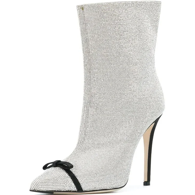 Silver Rhinestone Fashion Boots Stiletto Heel Ankle Boots |FSJ Shoes