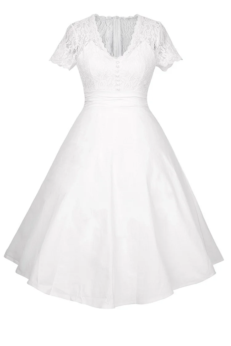 1950s Off White Wedding Evening Elegant Lace Patchwork V Neck Tunic Swing Midi Dress