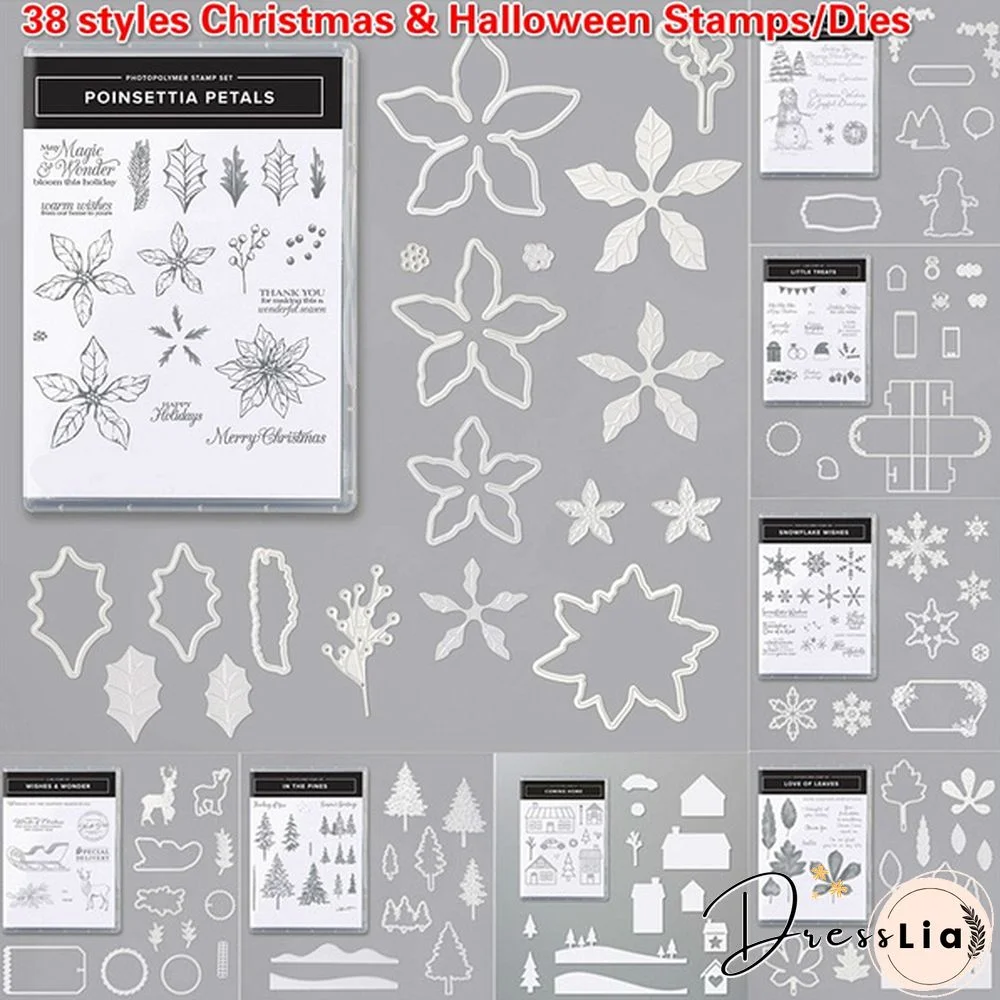 New Arrived 38 Styles Merry Christmas Halloween Metal Cutting Dies or Clear Stamps Transparent Rubber Seal for DIY Scrapbooking Card Making Decoration Stempel