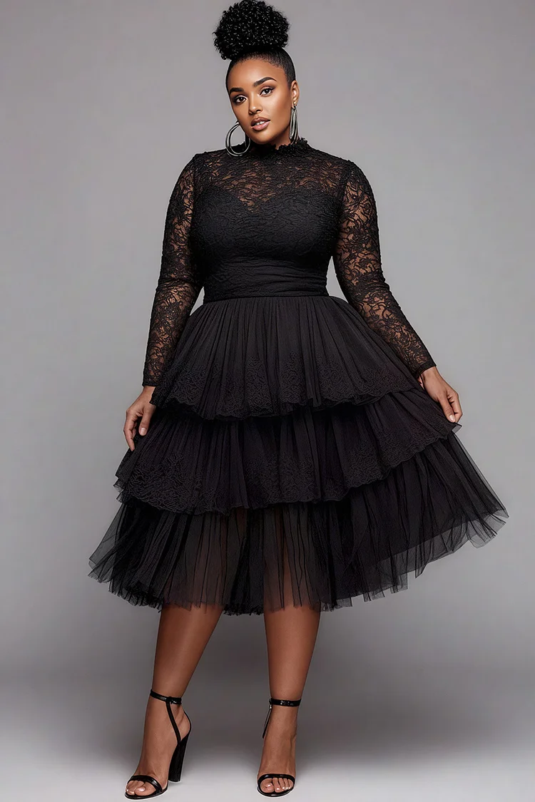 Xpluswear Design Plus Size Formal Black Round Neck Long Sleeve Tiered Elegant Ruffle Lace Midi Dresses [Pre-Order]