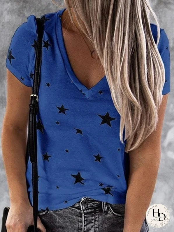 V-Neck Short Sleeve Starry T-Shirt Top