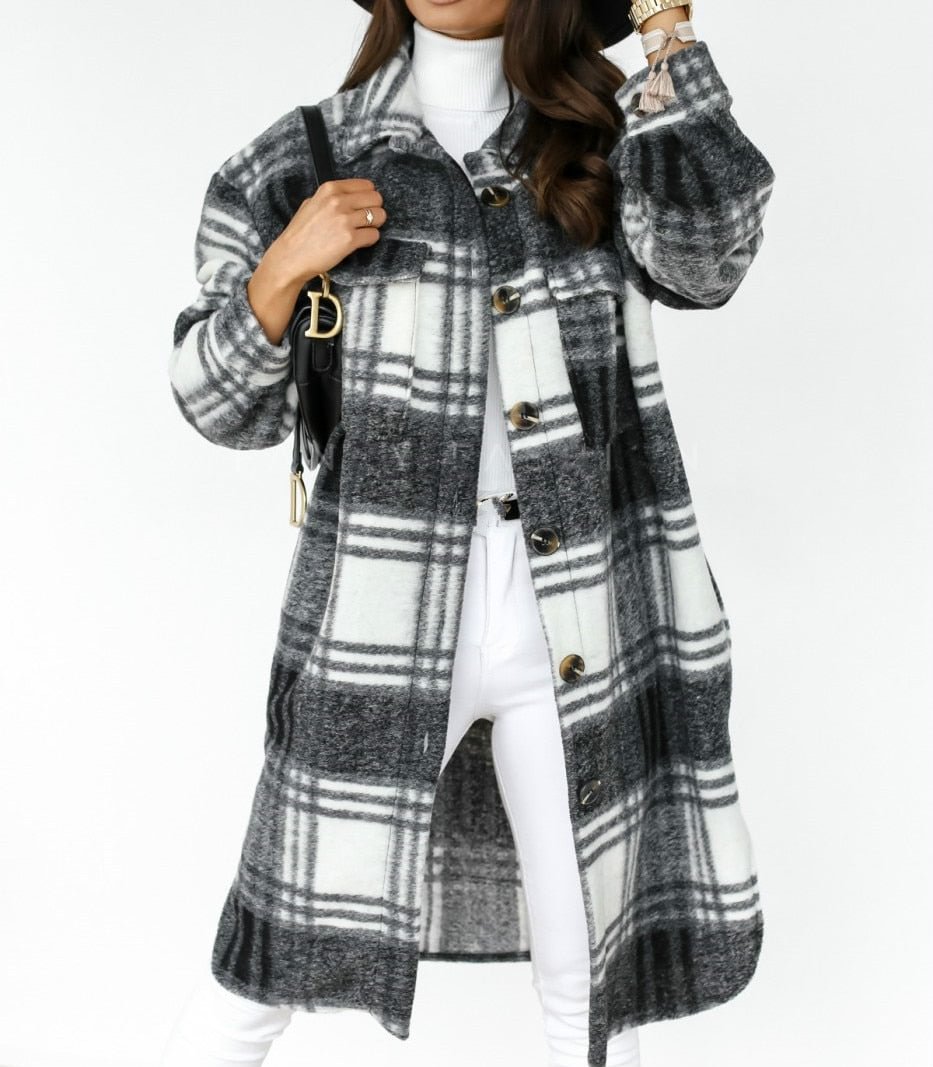 Winter Checked Long Coat Women Fashion Plaid Printed Shirt Jackets Coat Casual Oversize Thick Woolen Blend Female Down Overcoat