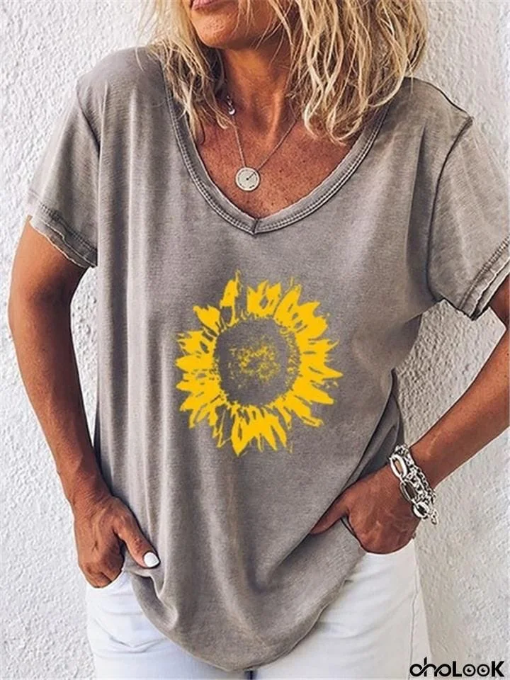 Relaxed Fit Scoop Neck Sunflower Short Sleeve T-Shirt