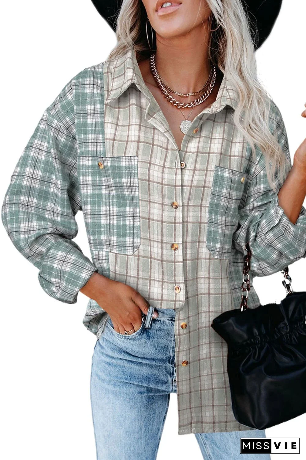 Plaid Color Block Pocket Button-up Long Sleeve Shirt