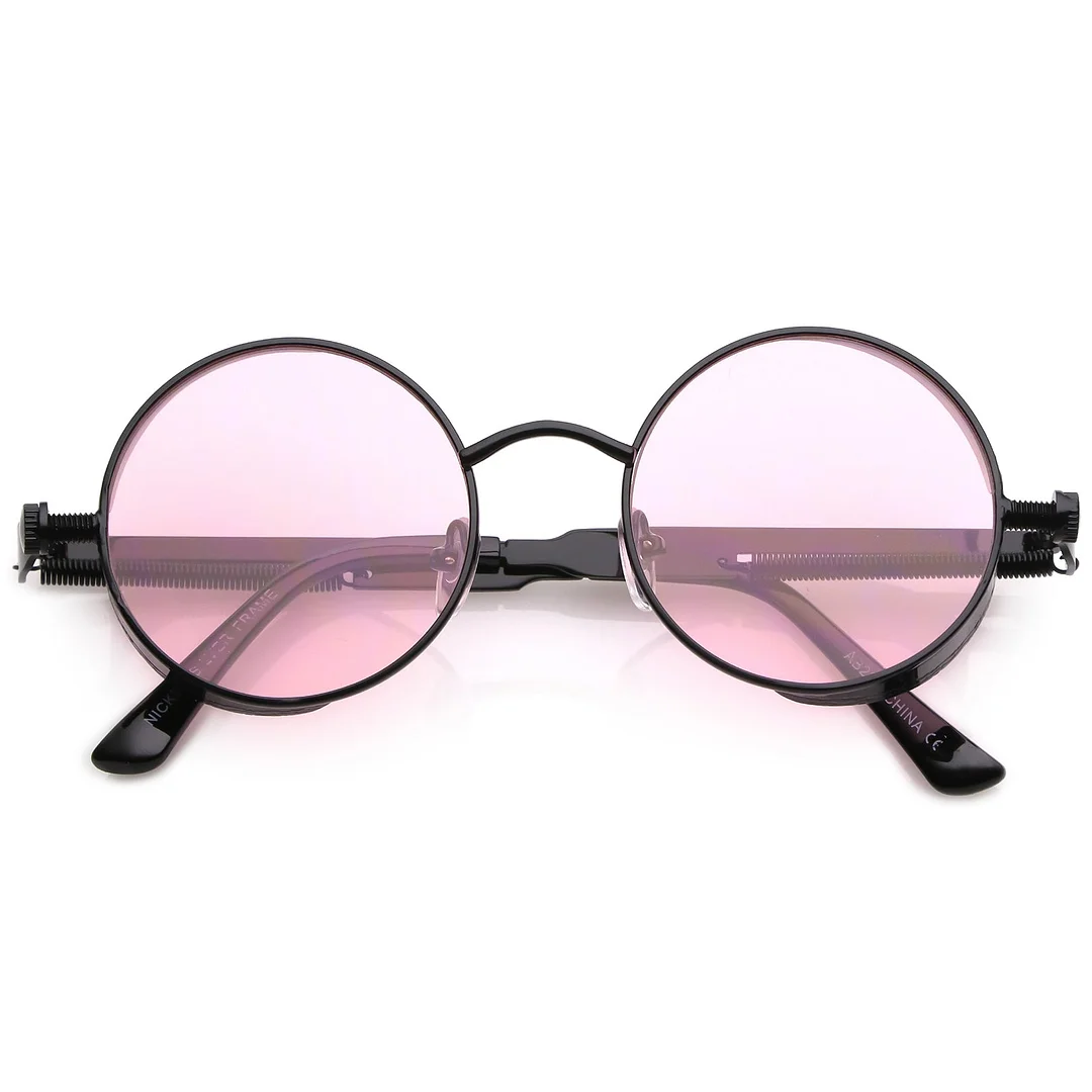 Steampunk Metal Round glasses With Metal Side Cover Flat Lens 42mm