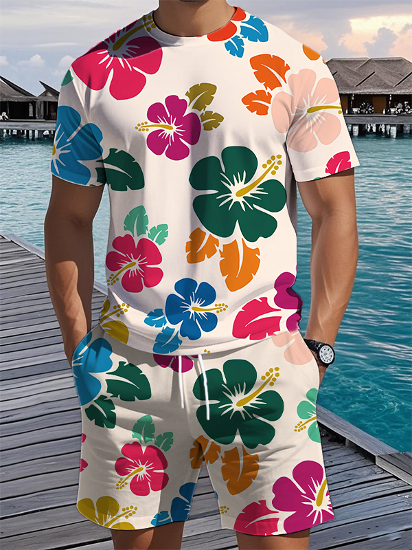 Men's Vacation Colorful Flowers Print T-Shirt Shorts Set