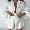 2022 New Puff Long Sleeve Shirt With Mini Shorts Cotton Matreial Two Pieces Sets Ladies Outfits Blouses Fashion Clothes