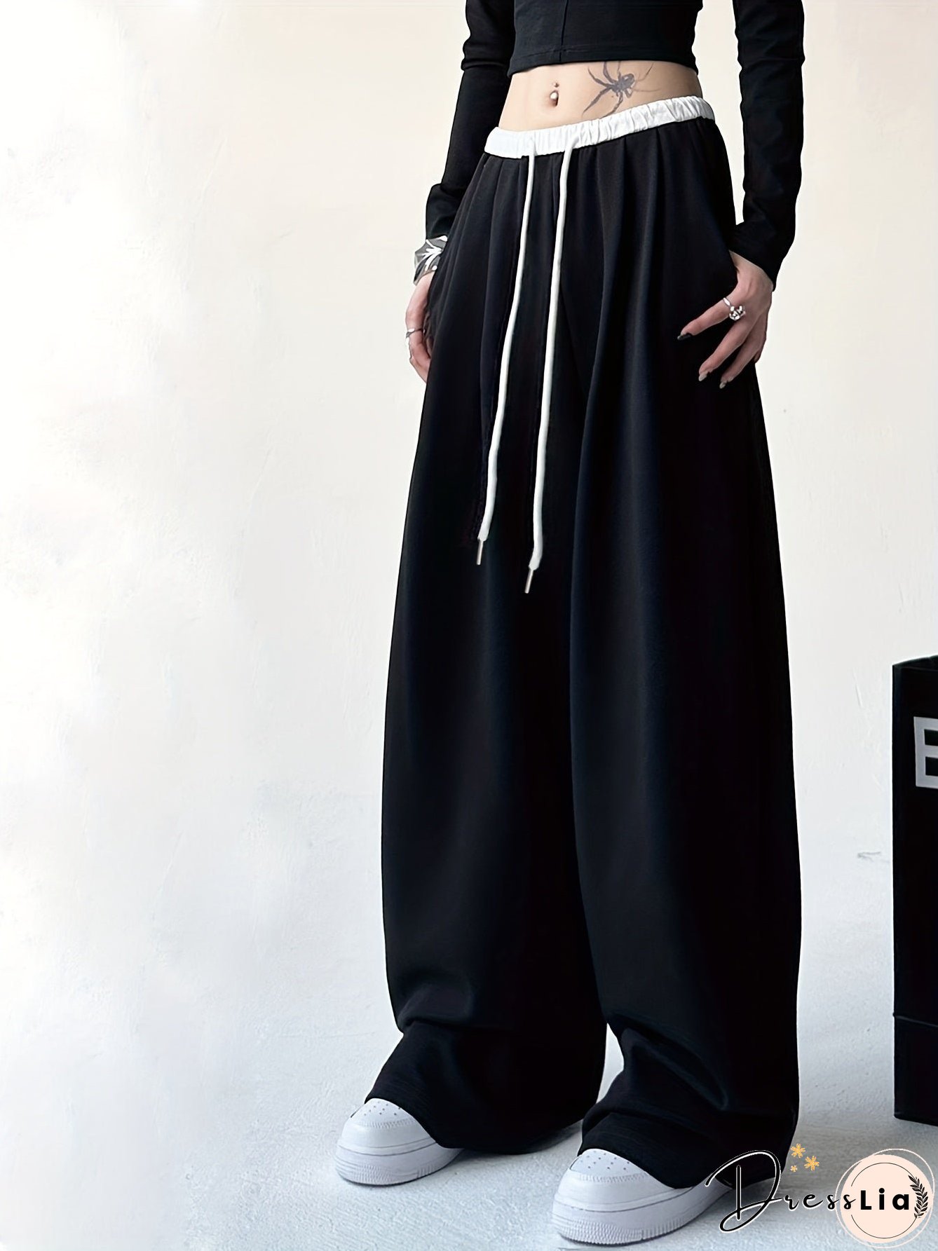 Color Block Wide Leg Pants, Casual Drawstring Loose Slant Pockets Pants For Spring & Fall, Women's Clothing