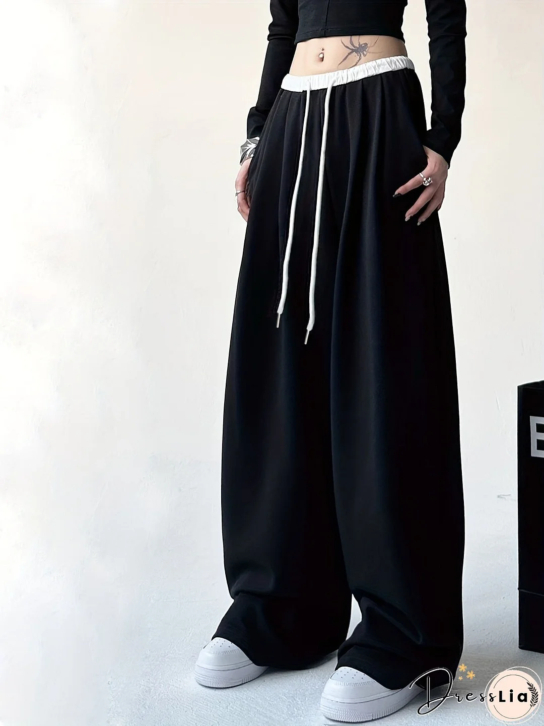 Color Block Wide Leg Pants, Casual Drawstring Loose Slant Pockets Pants For Spring & Fall, Women's Clothing